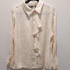 Dennis Basso Jacquard Cream Ruffle Front Long-Sleeve Blouse Preppy Flowy Soft